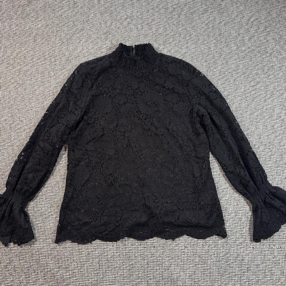 Adrianna Papel Black Floral Lace Mock Neck Bell Sleeve Blouse Large Whimsigoth
